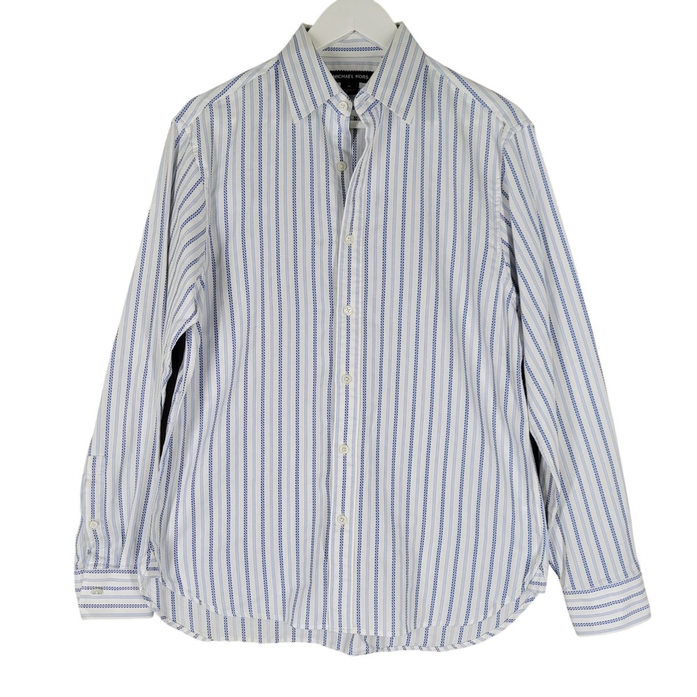 Michael Kors Button Down Shirt Mens Medium White Blue‎ Cotton Textured Striped